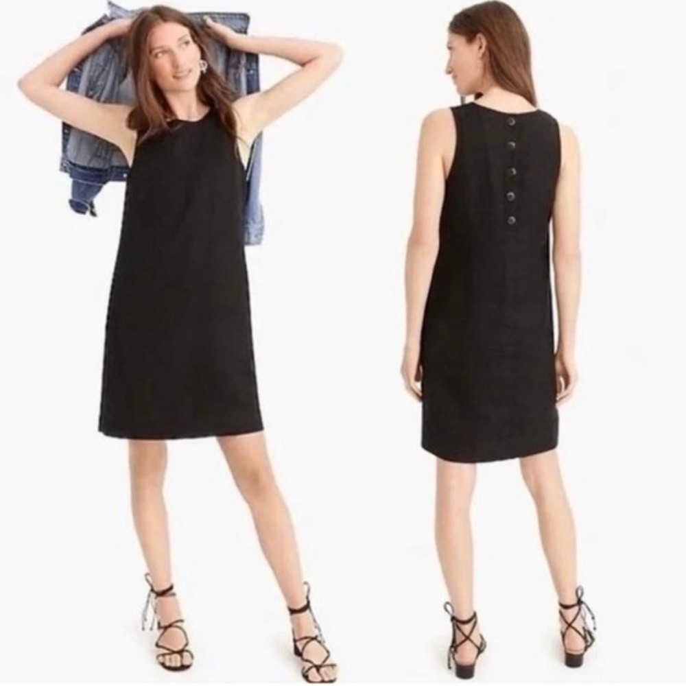 J‎ Crew Button Back Shift Dress Black Beauchamps Linen Womens XXS NWT